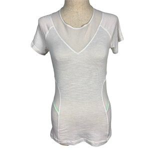 Lululemon Athletica Workout Mesh Shirt Short Sleeve Womens 4 White Green Striped